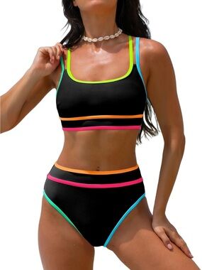 Popvil High-Waist Black Bikini with Neon Trim